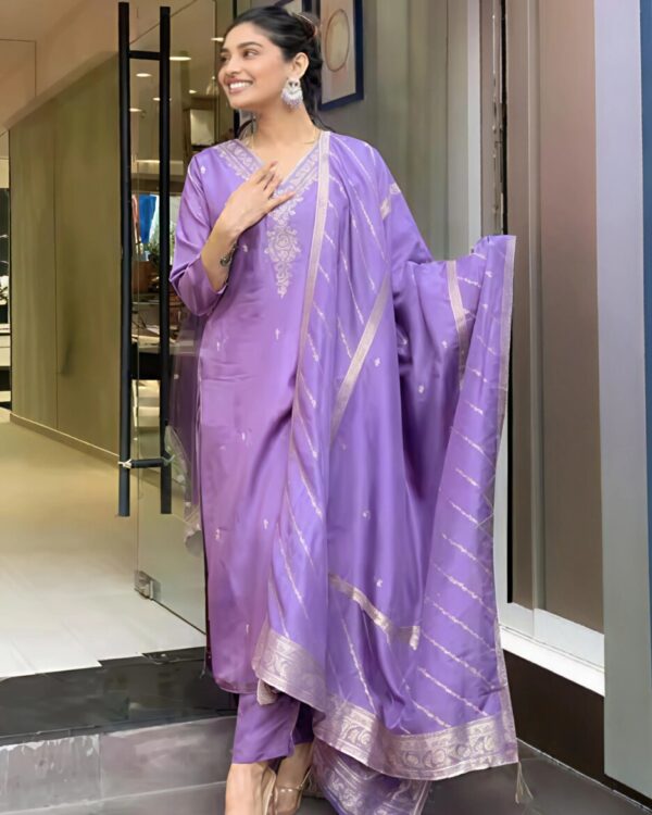 Lavender Silk Embroidered Suit Set with Zari Border Dupatta - Image 3