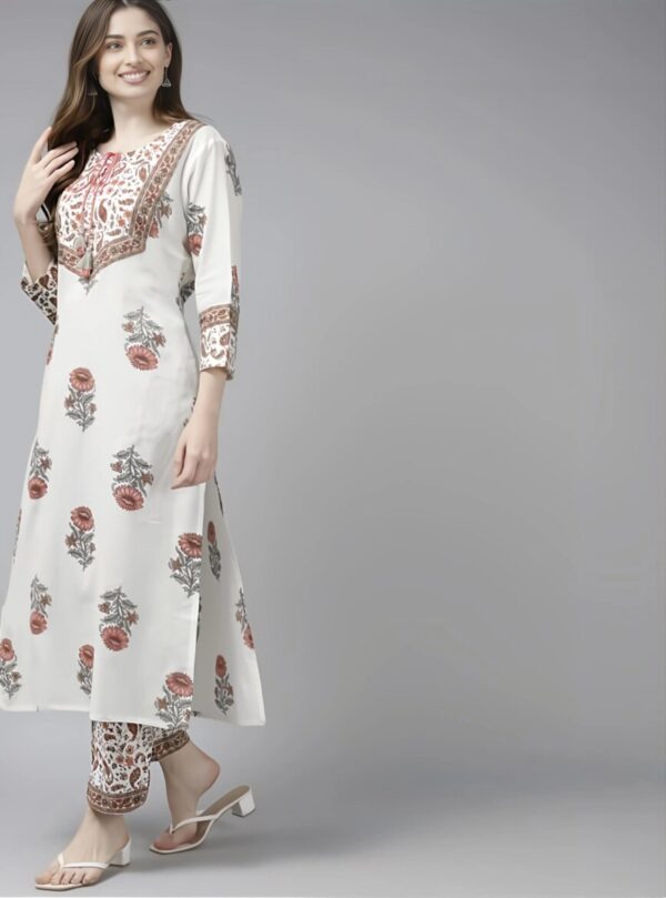 White Printed Kurti Set with Dupatta – 3 Piece Elegant Ensemble - Image 3
