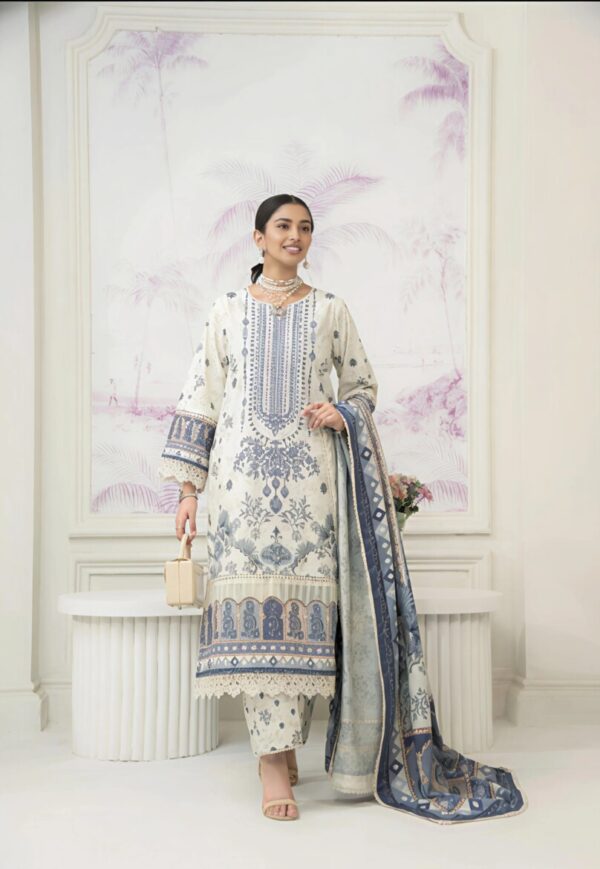 Ivory & Blue Digital Printed Suit Set with Embroidered Detailing - Image 5