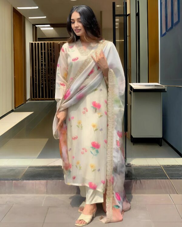 Elegant Floral Printed Kurta with Digital Print Dupatta - Image 5