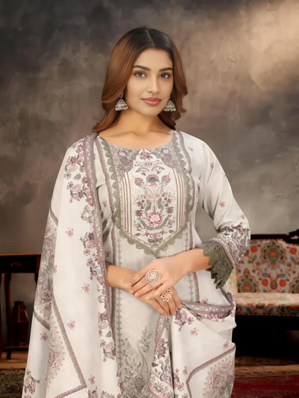 Elegant Grey & White Printed Suit Set with Lace Detailing - Image 5