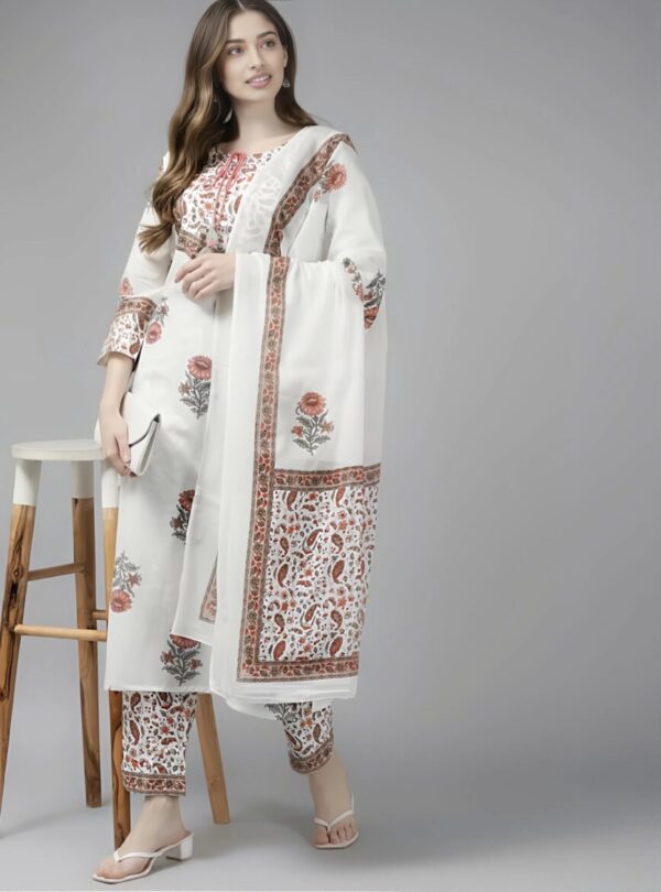 White Printed Kurti Set with Dupatta – 3 Piece Elegant Ensemble - Image 2