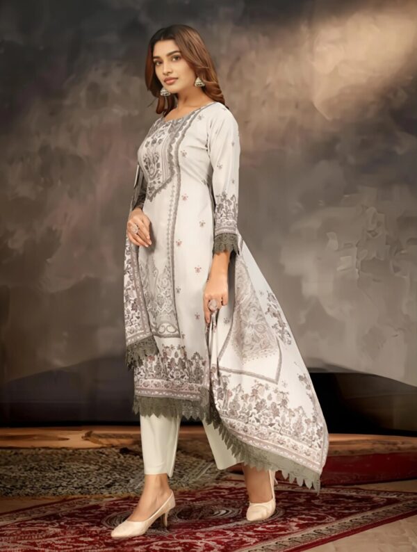 Elegant Grey & White Printed Suit Set with Lace Detailing - Image 3