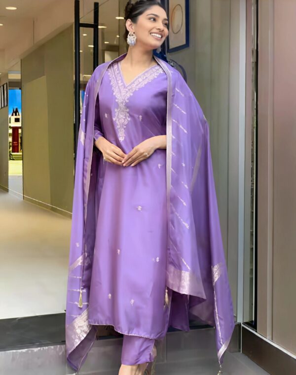 Lavender Silk Embroidered Suit Set with Zari Border Dupatta - Image 2