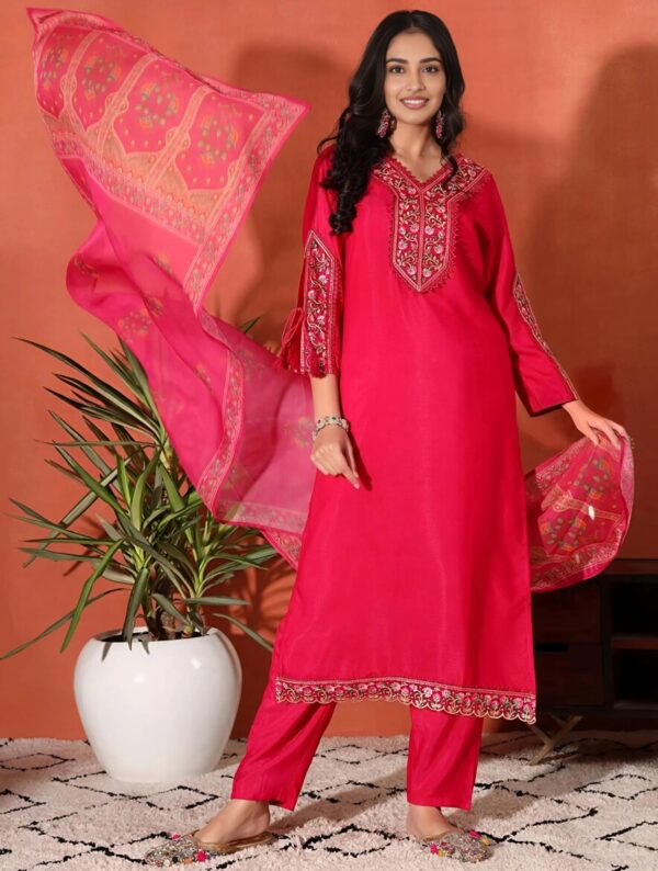 Strawberry Pink Embroidered Suit Set with Dupatta - Image 5