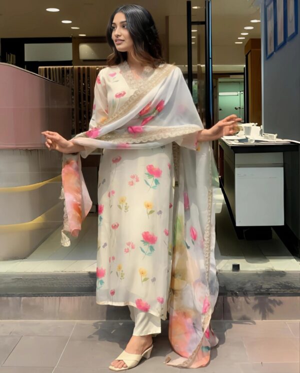 Elegant Floral Printed Kurta with Digital Print Dupatta - Image 4