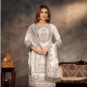 Elegant Grey & White Printed Suit Set with Lace Detailing