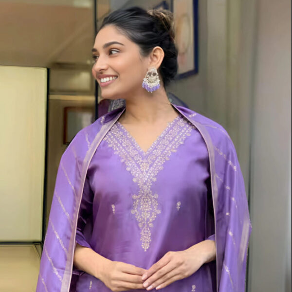 Lavender Silk Embroidered Suit Set with Zari Border Dupatta